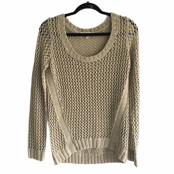 Robert Rodriguez Scoop Neck Open Knit Crochet Sweater Tan Gold Shimmer M - Picture 4 of 8